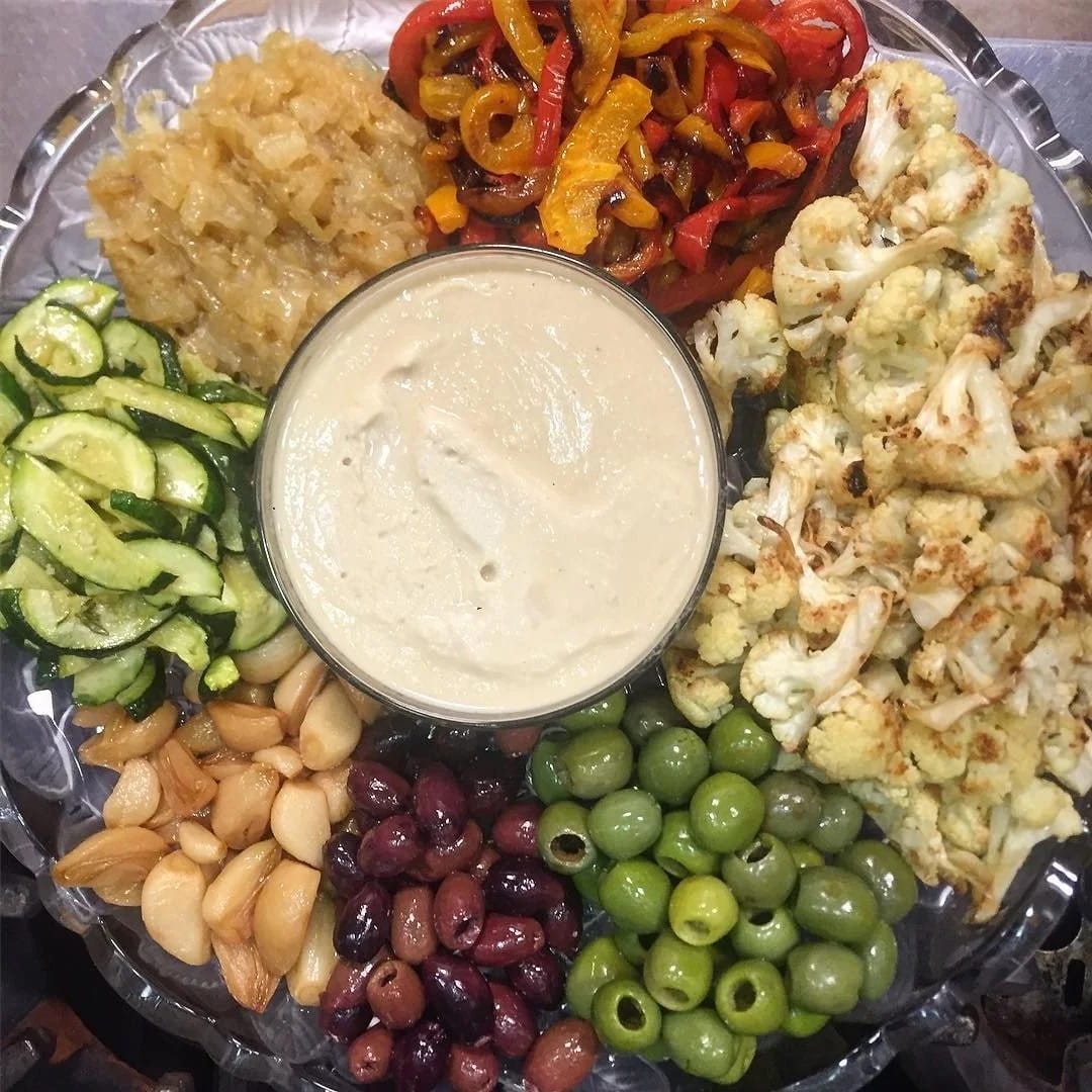 Tray of fresh vegetables and dip for a catering order